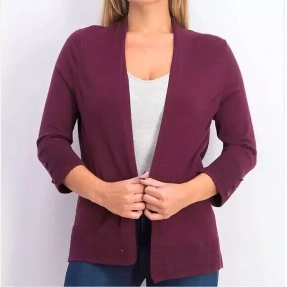Evolution By Cyrus Cardigan Womens Medium Open Front Sweater 3/4 Sleeves Maroon - Picture 1 of 6